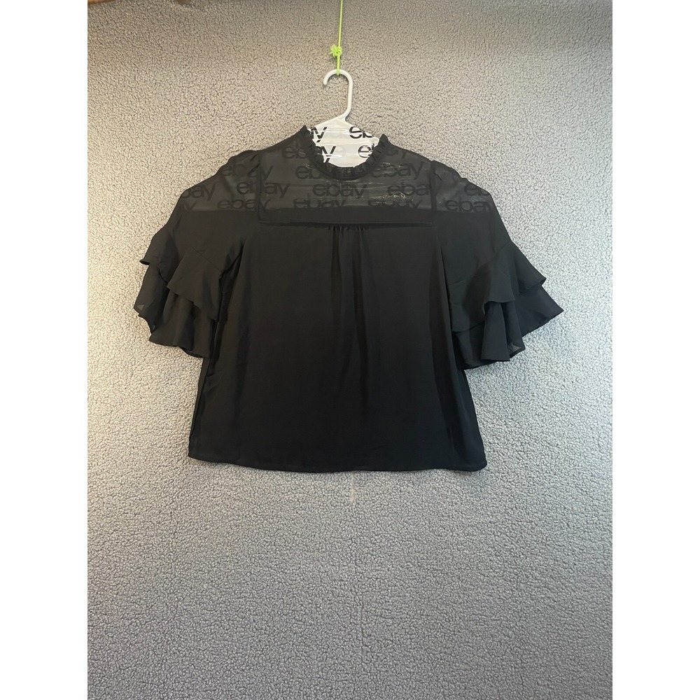 Monteau Top Sheer Neck, Ruffled Collar, Sheer Bell Sleeves Long, Black, Size S